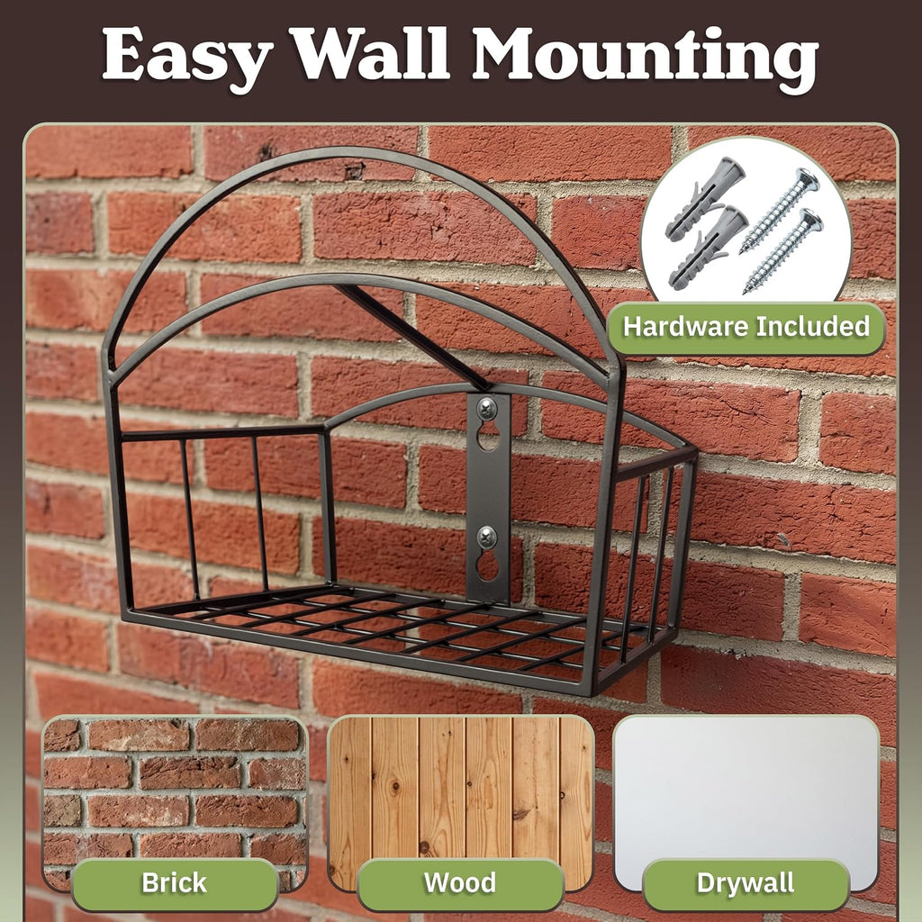 Garden Hose Holder Wall Mount with Storage Basket - Rust-Resistant Steel Outdoor Water Hose Hanger Hook for 100ft of