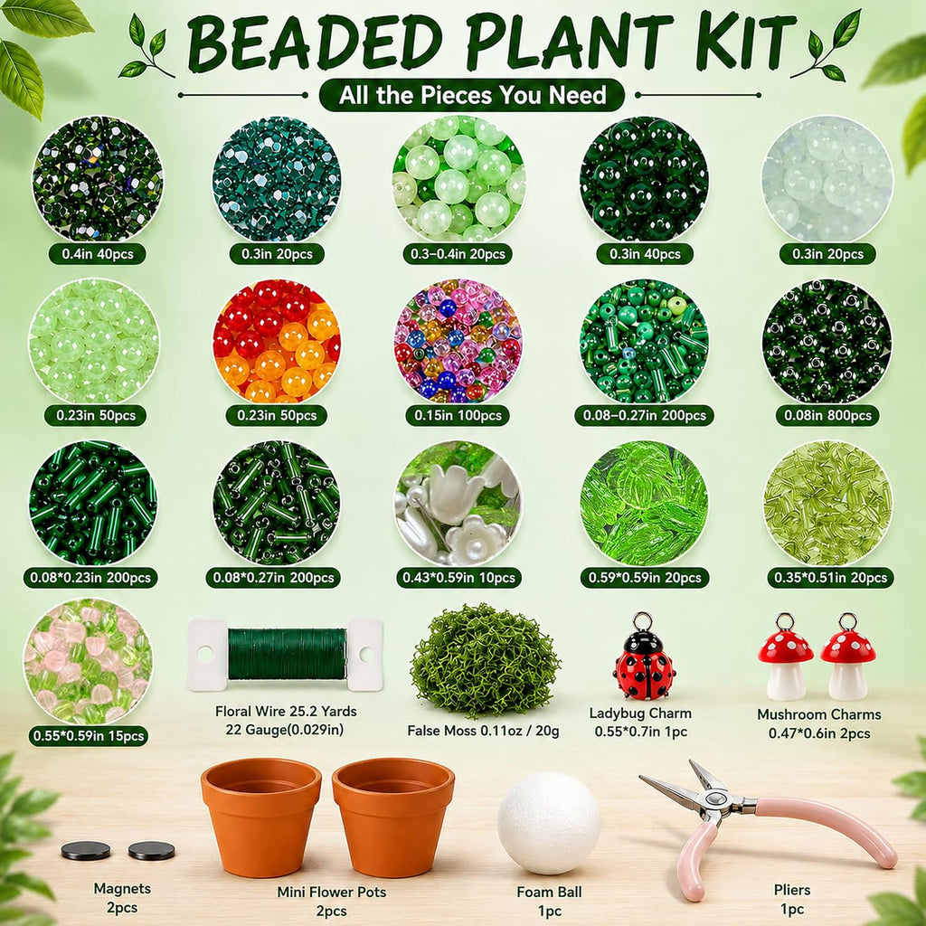 LWPFSD Beaded Plant Kit with 2 Mini Pots and Fridge Magnets | DIY Bead Plant Making Kit with Plant Beads, Craft Wire