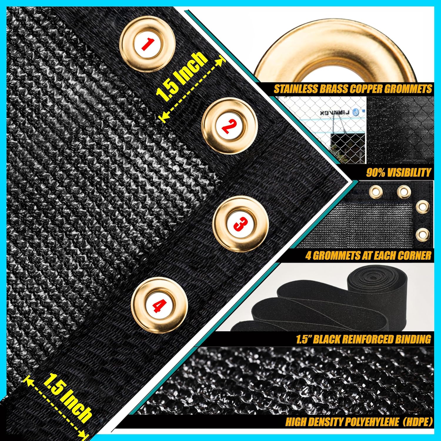 6' x 50' Black Fence Privacy Screen Windscreen Shade Fabric Cloth HDPE, 90% Visibility Blockage, with Grommets, Heavy