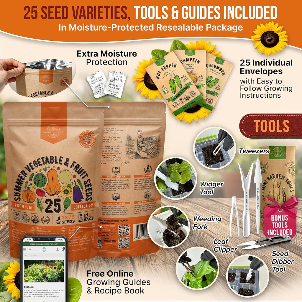 25 Summer Vegetable & Fruit Seeds Variety Pack - 1,870+ Non-GMO Heirloom Veggie & Fruits Seeds for Outdoors and Indoor
