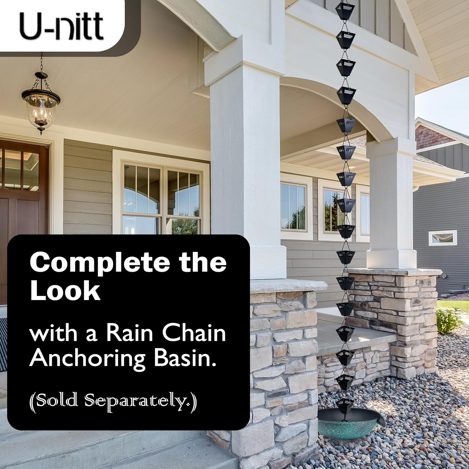 U-nitt Rain Chain Water Collection for Gutters Rainwater Catcher & Diverter, 8.5 FT Chains for Outside Garden, Black