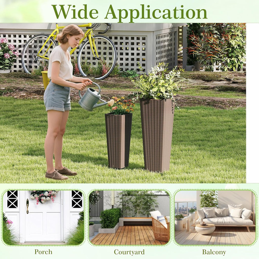 GIANTEX Planters for Outdoor Plants Set of 2, 32" & 24" Tall Tapered Plants | Inner Trays, Drainage Holes, Decorative