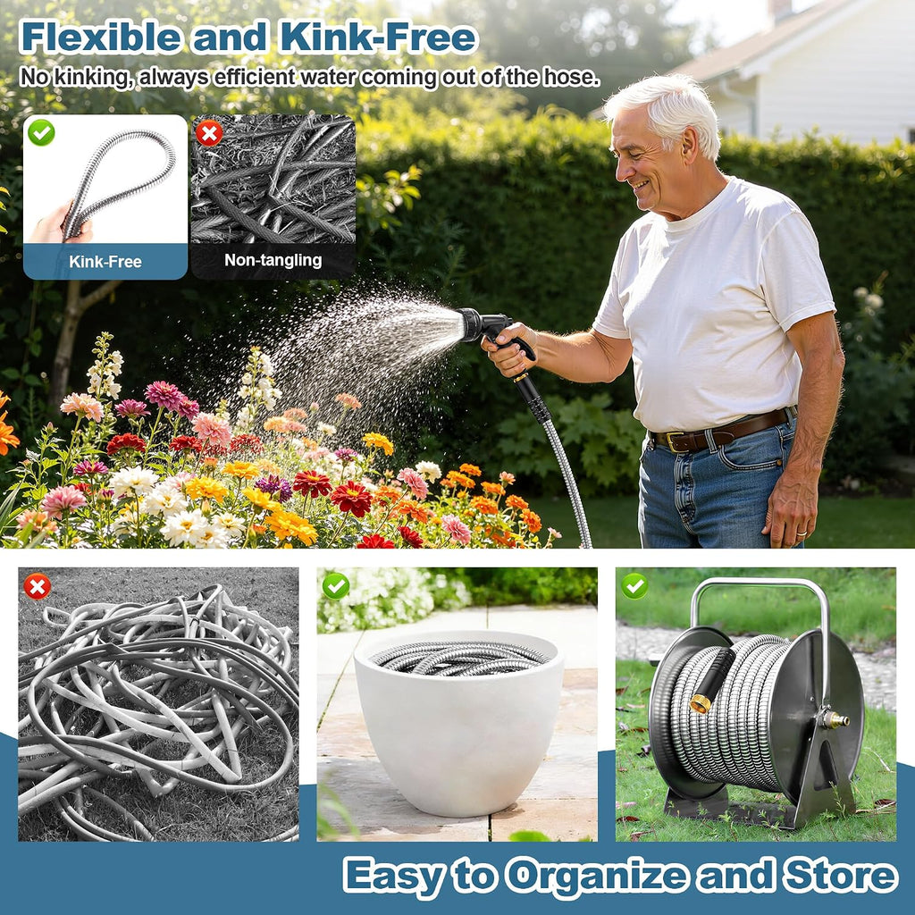 Rcfunkid Garden Hose 100FT No-Kink Metal Hose With 10 Function Nozzle Tough | Stainless Steel Water Hose, Leak-proof