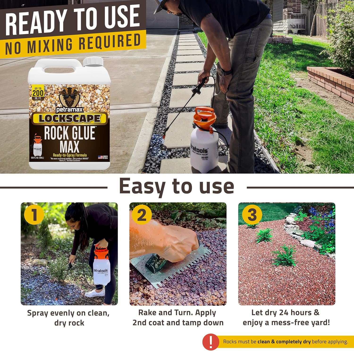 PetraMax Lockscape Ready to Use Rock Glue for Landscaping 1 Gallon USA-Made | Ready to Spray Pea Gravel Glue & Mulch