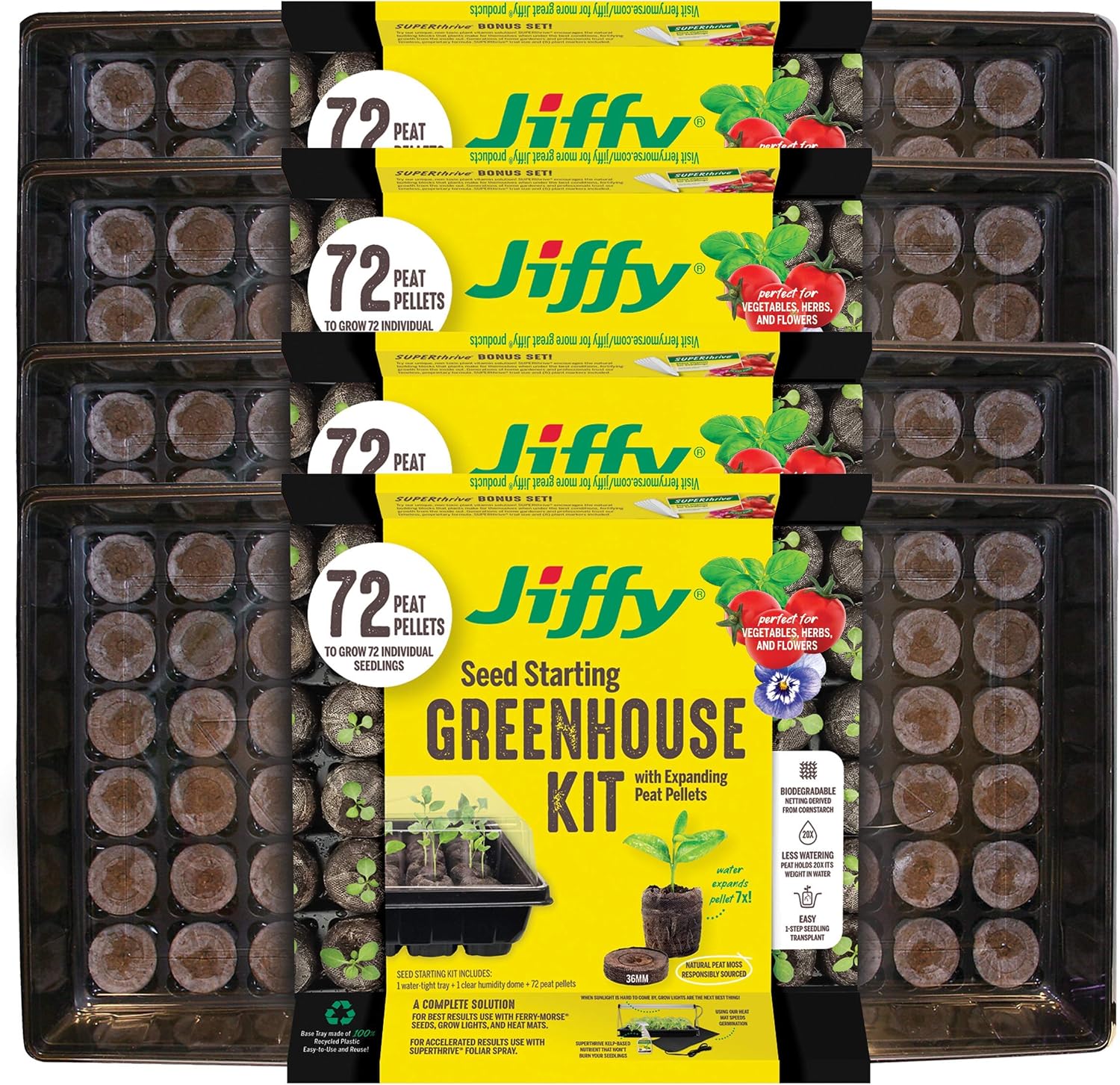 Jiffy Plant Germination Tray Kit - 72 Cell 36mm Peat Pellets, 4 Pack