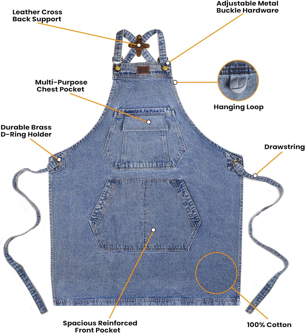 LEATHER VILLAGE Denim Apron with Pockets for Barista Hair Stylist Gardening Women Hairdresser Jean Work Apron Cross