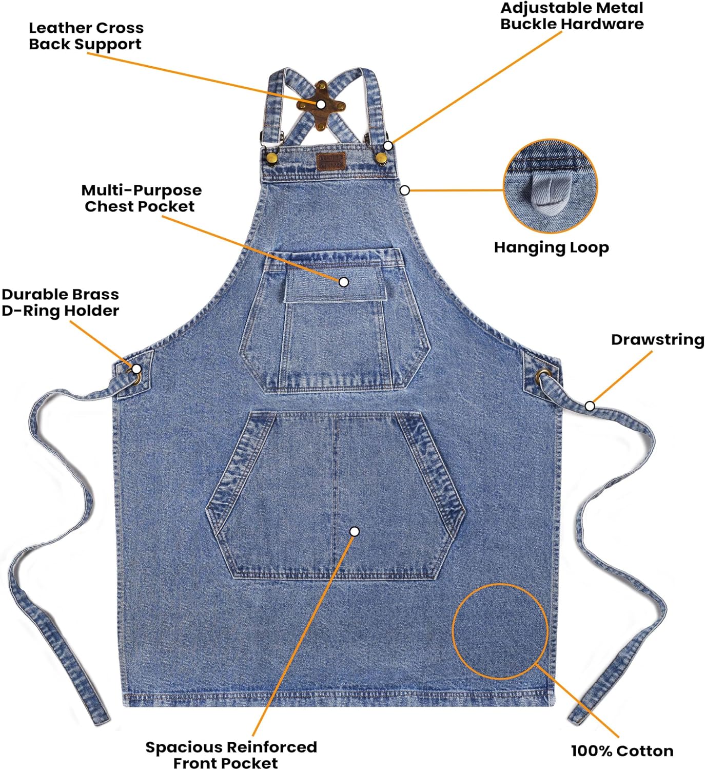 LEATHER VILLAGE Denim Apron with Pockets for Barista Hair Stylist Gardening Women Hairdresser Jean Work Apron Cross
