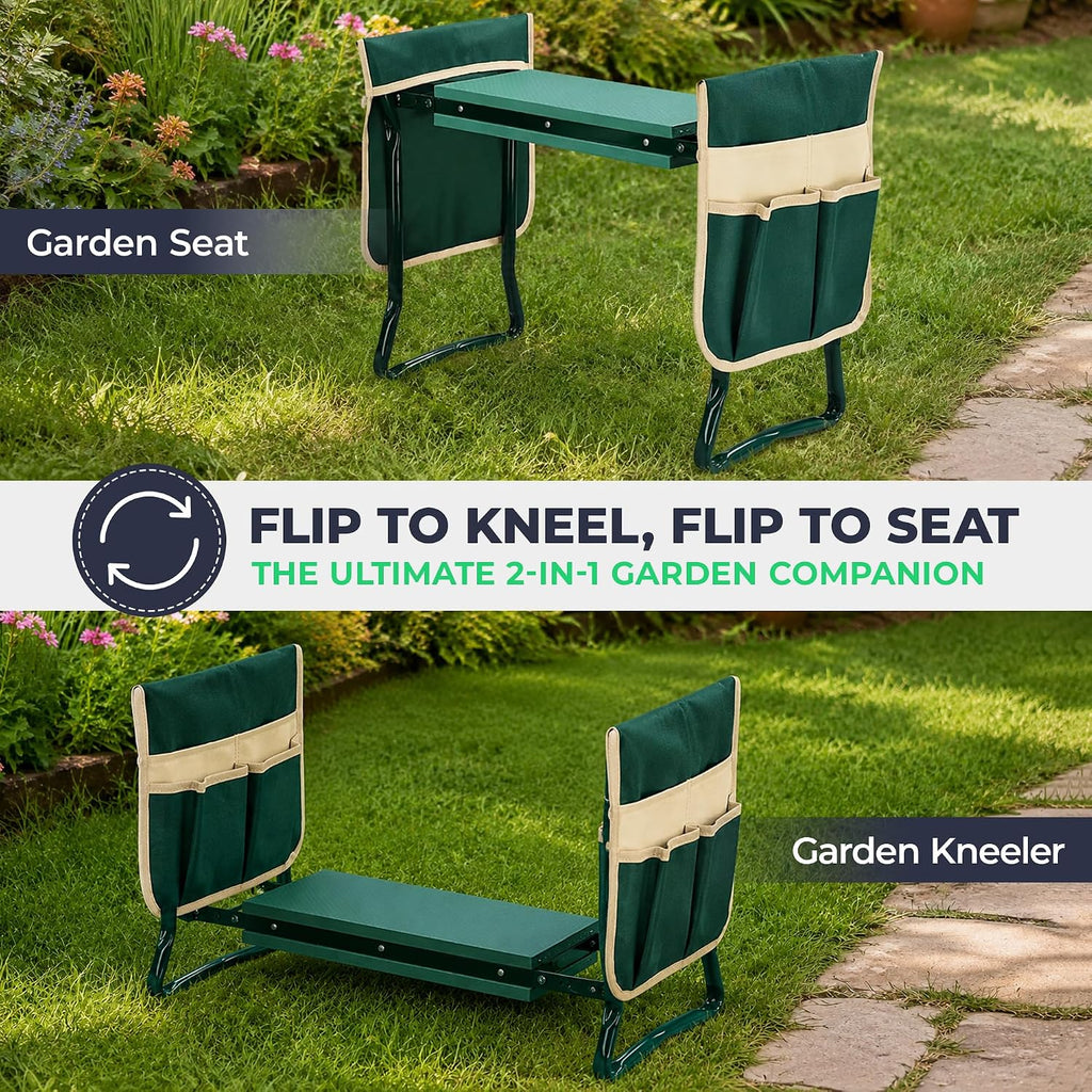 Flora Foldable Garden Kneeler and Seat – Heavy Duty Gardening Bench with Extra-Wide Soft Pad & 2 Tool Pouches – Durable