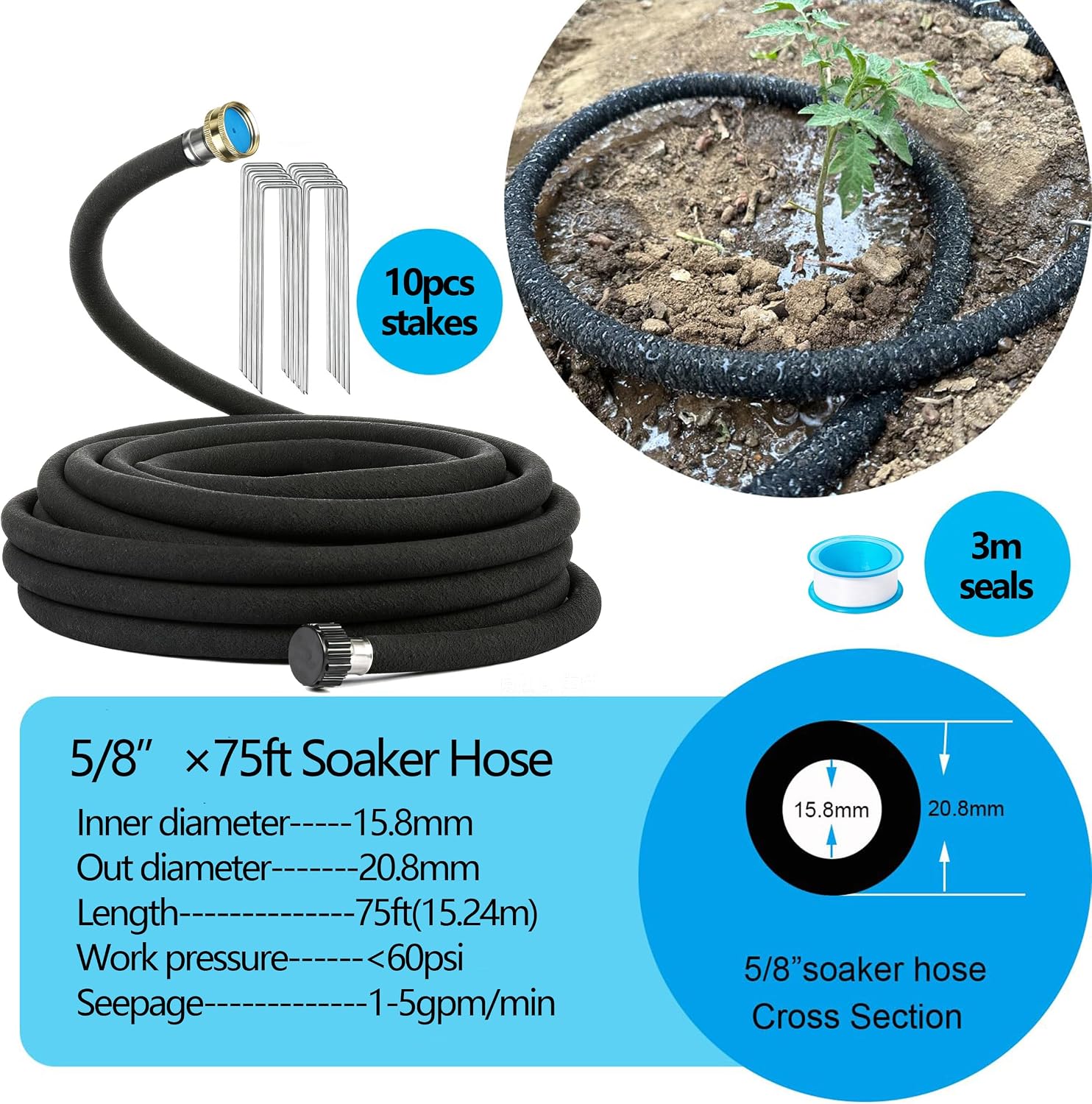 AMRITA Soaker Hose 5/8" 75FT 1 Pack Garden Drip Hoses Aluminum Couplings | Soaker Hose for Foundation Watering,Garden