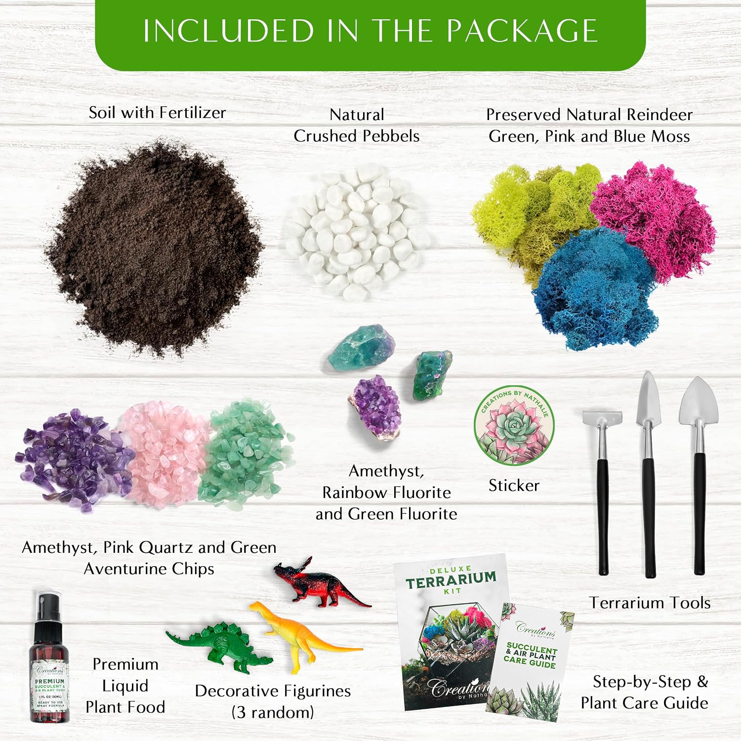 Creations by Nathalie – DIY Large Terrarium Starter Kit with Soil, Moss, Pebbles, Healing Crystal, Tools & Supplies –