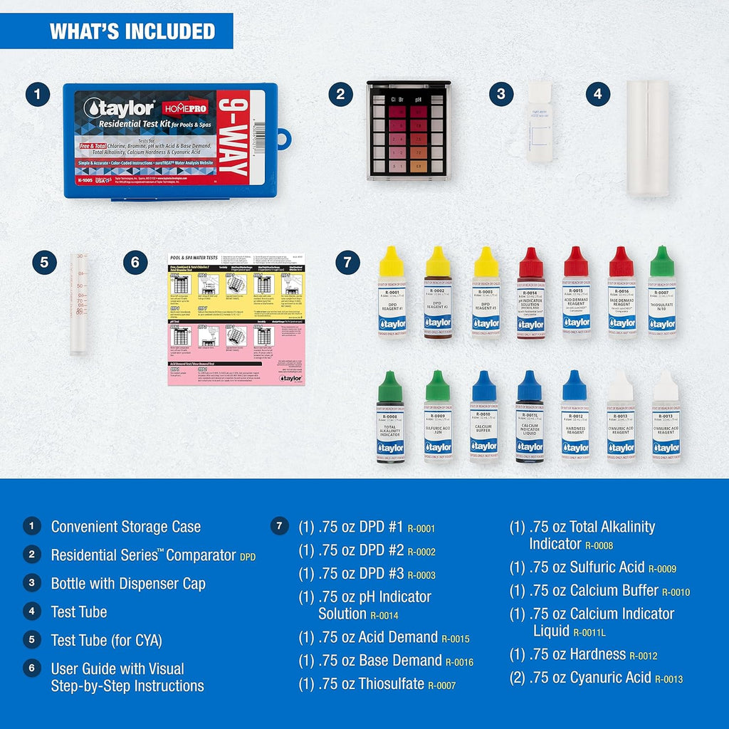 Taylor Technologies K-1005 DPD, 9-in-1 Pool Test Kit | Tests Free & Total Chlorine, Bromine, pH, Acid/Base Demand