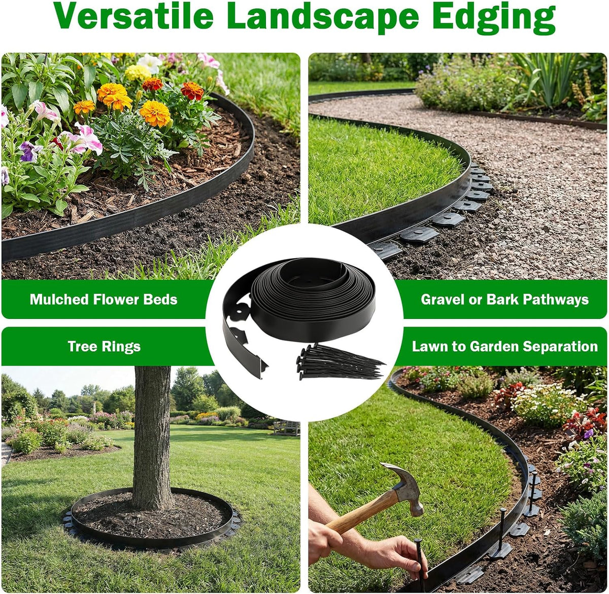 No Dig Landscape Edging 2 Inch x 40 FT, Heavy Duty Flexible Plastic Garden Border with 50 Spiral Spikes, Lawn Edging