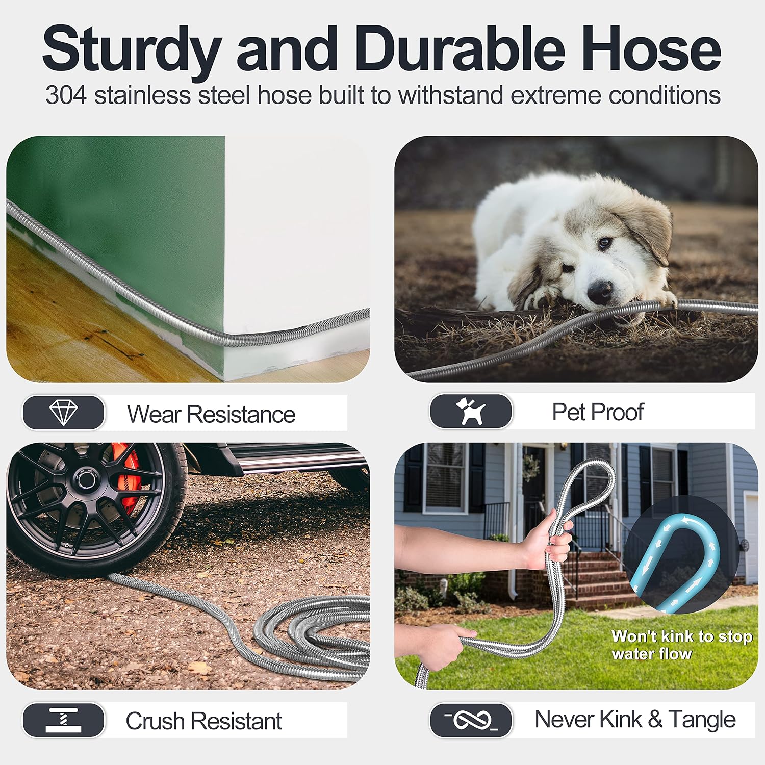 SPECILITE 50ft 304 Stainless Steel Metal Garden Hose with Nozzle | Puncture Resistant, Flexible, Never Kink & Tangle