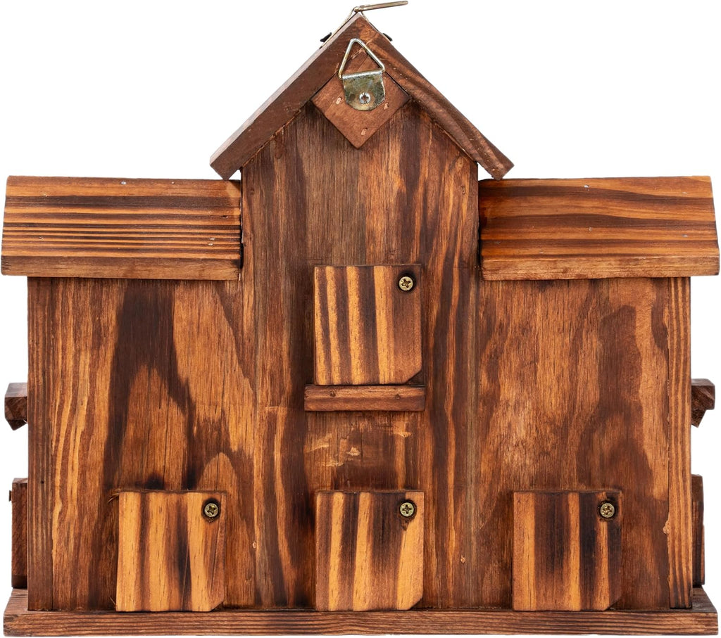 MIXUMON Bird House Outdoor, 6-Room Wooden Birdhouse for Outdoors & Outside, Carbonized Pine Wood Bird Houses with 1.57”