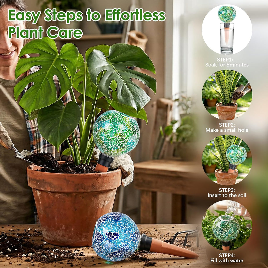 Terracotta Watering Spikes Mosaic Plant Watering Globes 2 Pack | Automatic Plant Waterer for Indoor, Outdoor & Garden