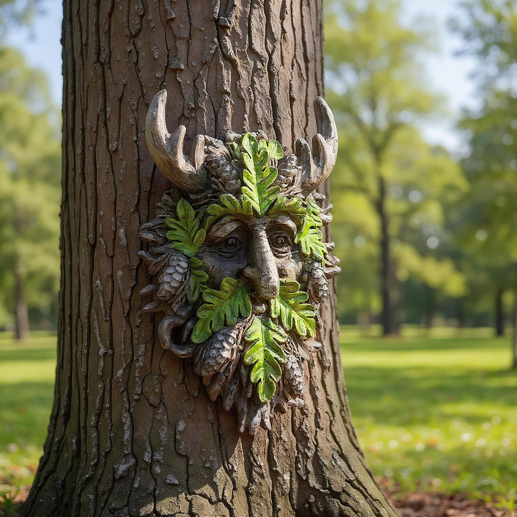 8.3" Real Tree Face Hugger Statue, Garden Outdoor Resin Sculpture with Foliage Features, Fairy Elve Accent Yard Art
