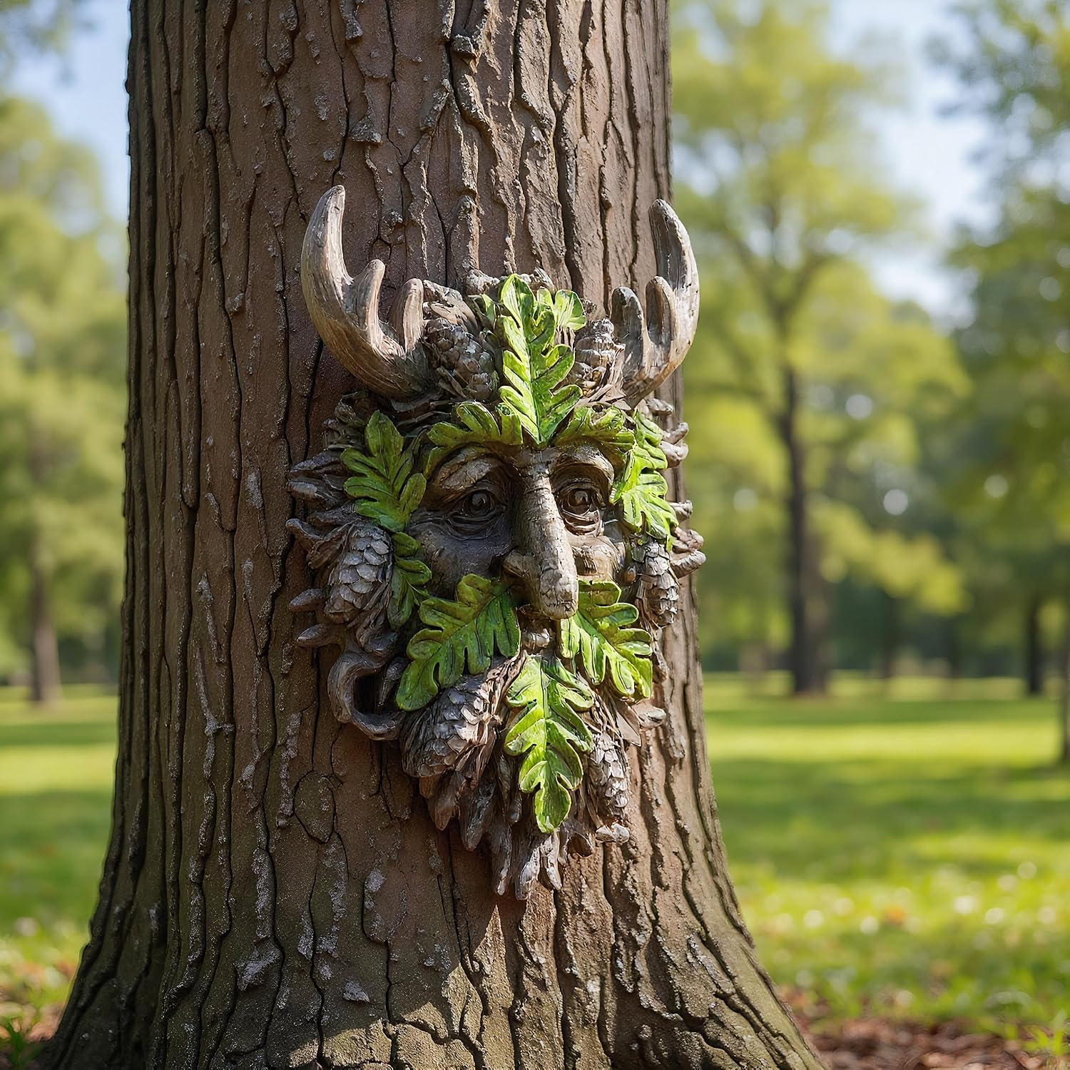 8.3" Real Tree Face Hugger Statue, Garden Outdoor Resin Sculpture with Foliage Features, Fairy Elve Accent Yard Art