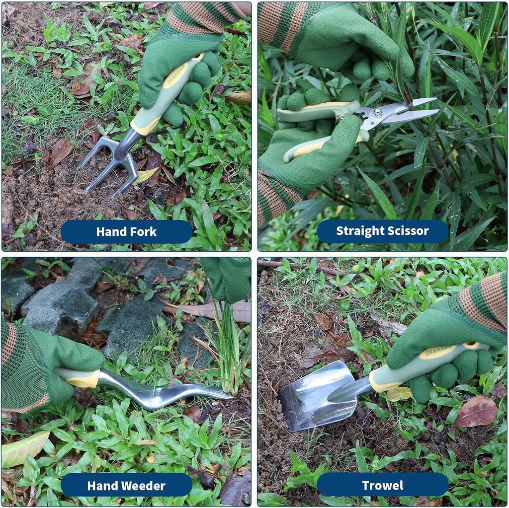 Green Garden Tools Set 12-Piece, Gardening Gifts for Women Men | Aluminum Gardening Hand Tools with Non-Slip Ergonomic