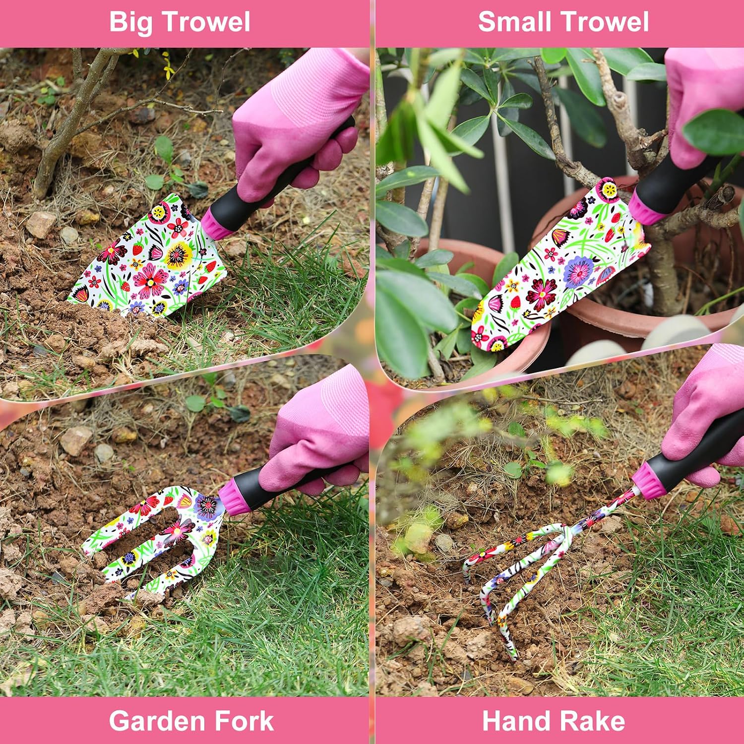 Housolution Gardening Tools Set, 10PCS Gardening Gifts for Women, Pink | Heavy Duty Garden Tools with Non-Slip Rubber
