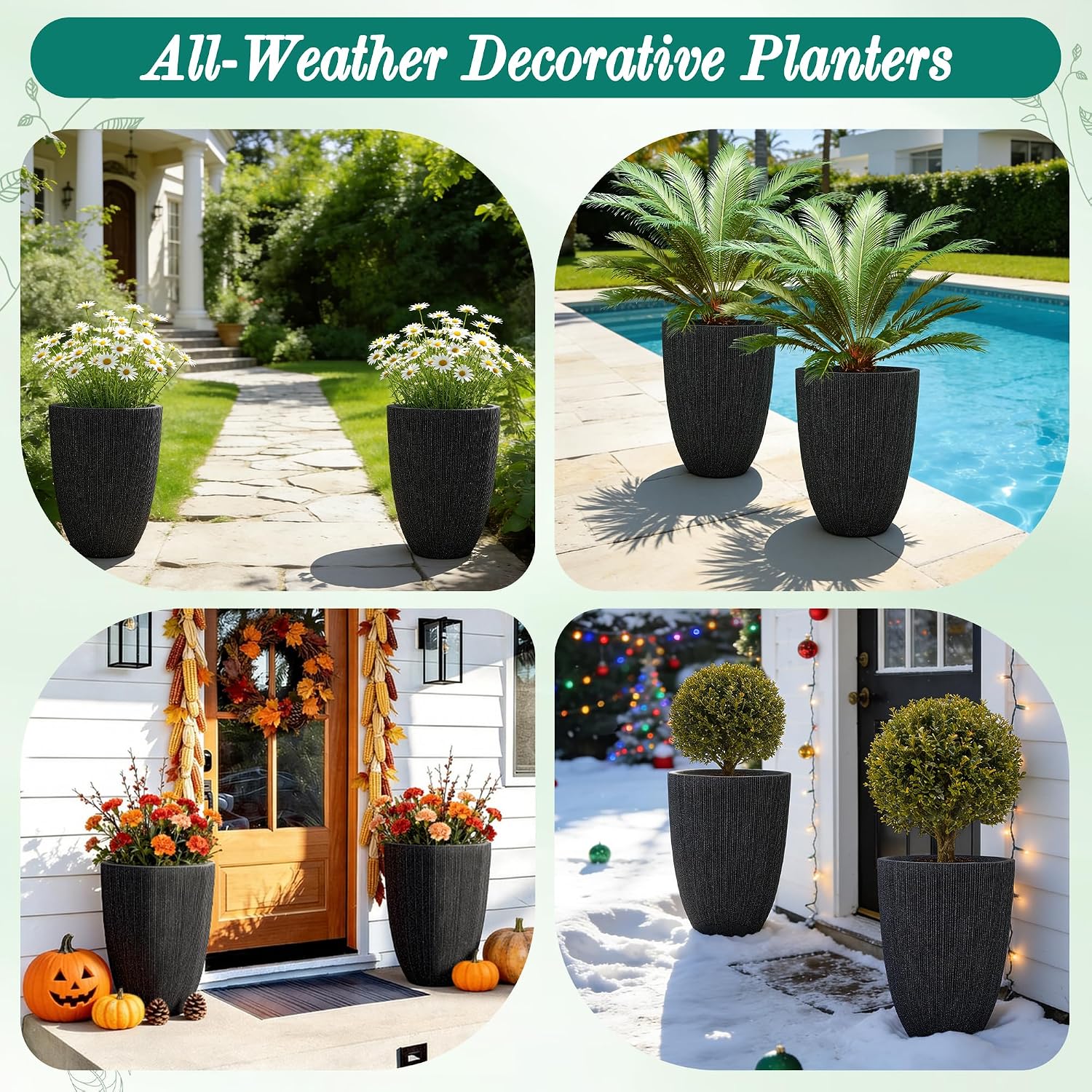 2-Pack 19" Black Resin Tall Round Planters with Fluted Texture | Set of 2 resin tall planters with black fluted