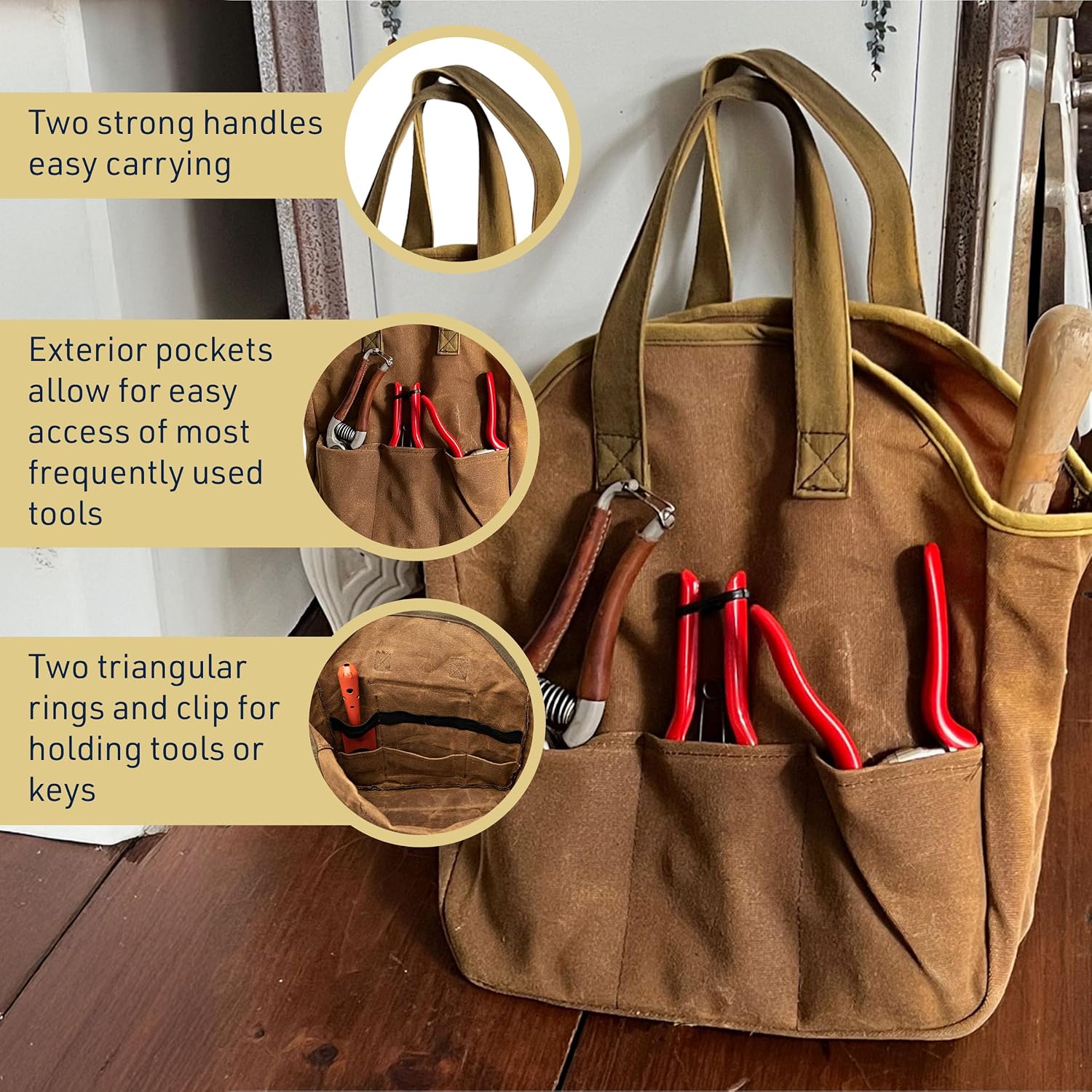 Garden Tool Bag - 12x14” Heavy Duty Waxed Canvas Tote Bag Caddy with 6 Interior and 3 Exterior Pockets for Organizing