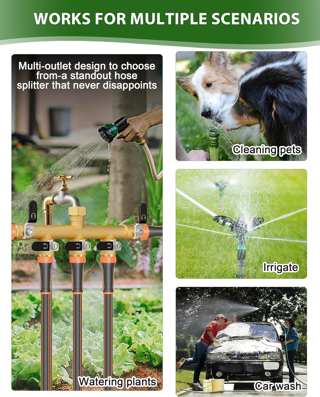 Garden Hose Splitter, 5 Way Heavy Duty Brass hose splitter, Water Hose Bib Spigot Splitter with 0.59" Full Flow Ball