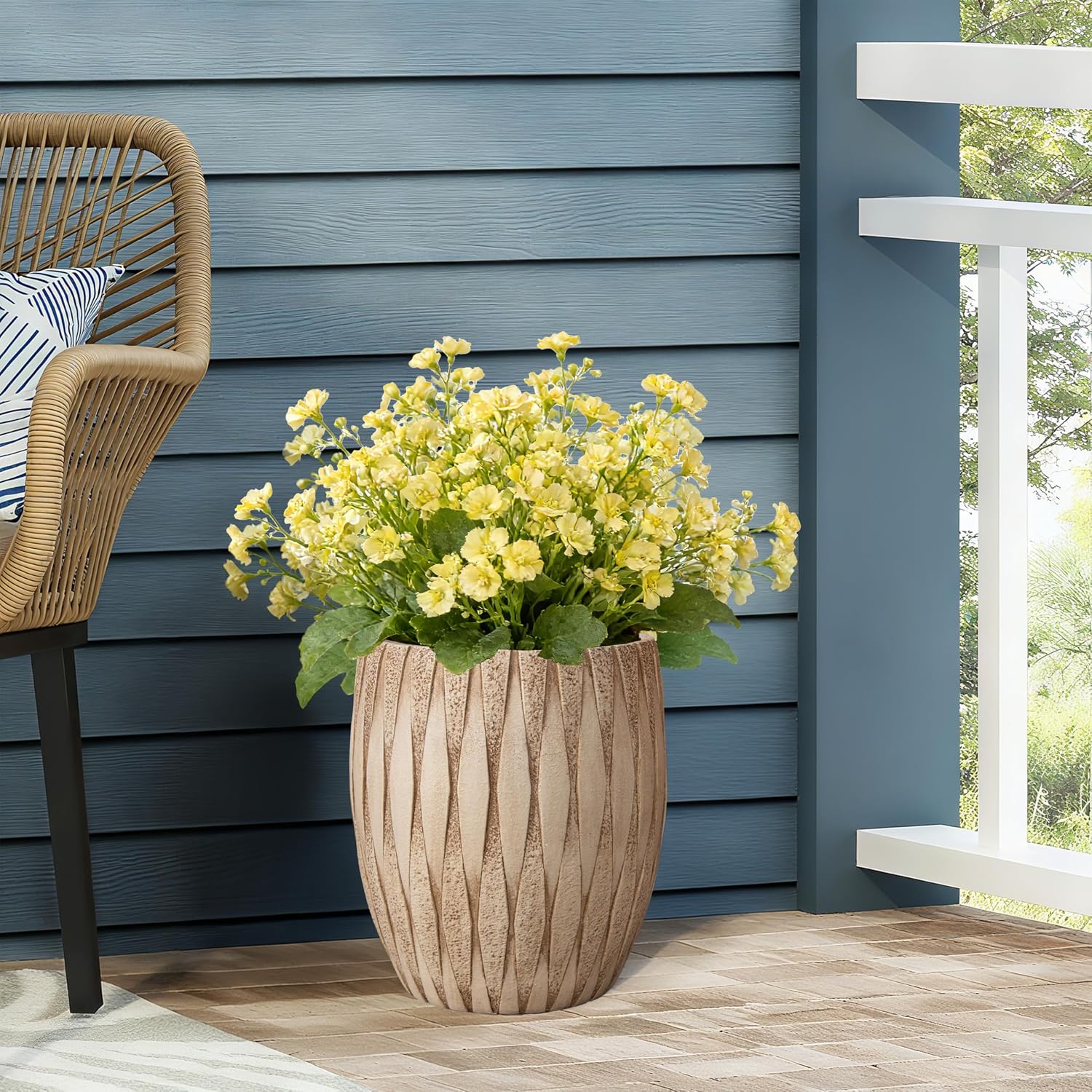 12" H x 9" Dia Weathered Concrete Planter, Large Indoor Outdoor Decorative Flower Pot with Drainage Hole, Modern Round