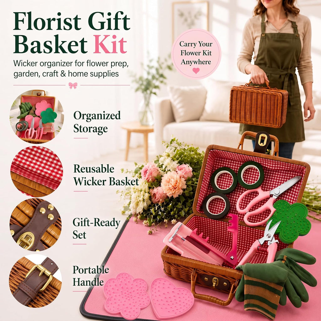 Florist Supplies Kit with Repotting Mat&Wicker Basket, Floral Tools | 13-Piece Floral Arrangement Kit with Repotting