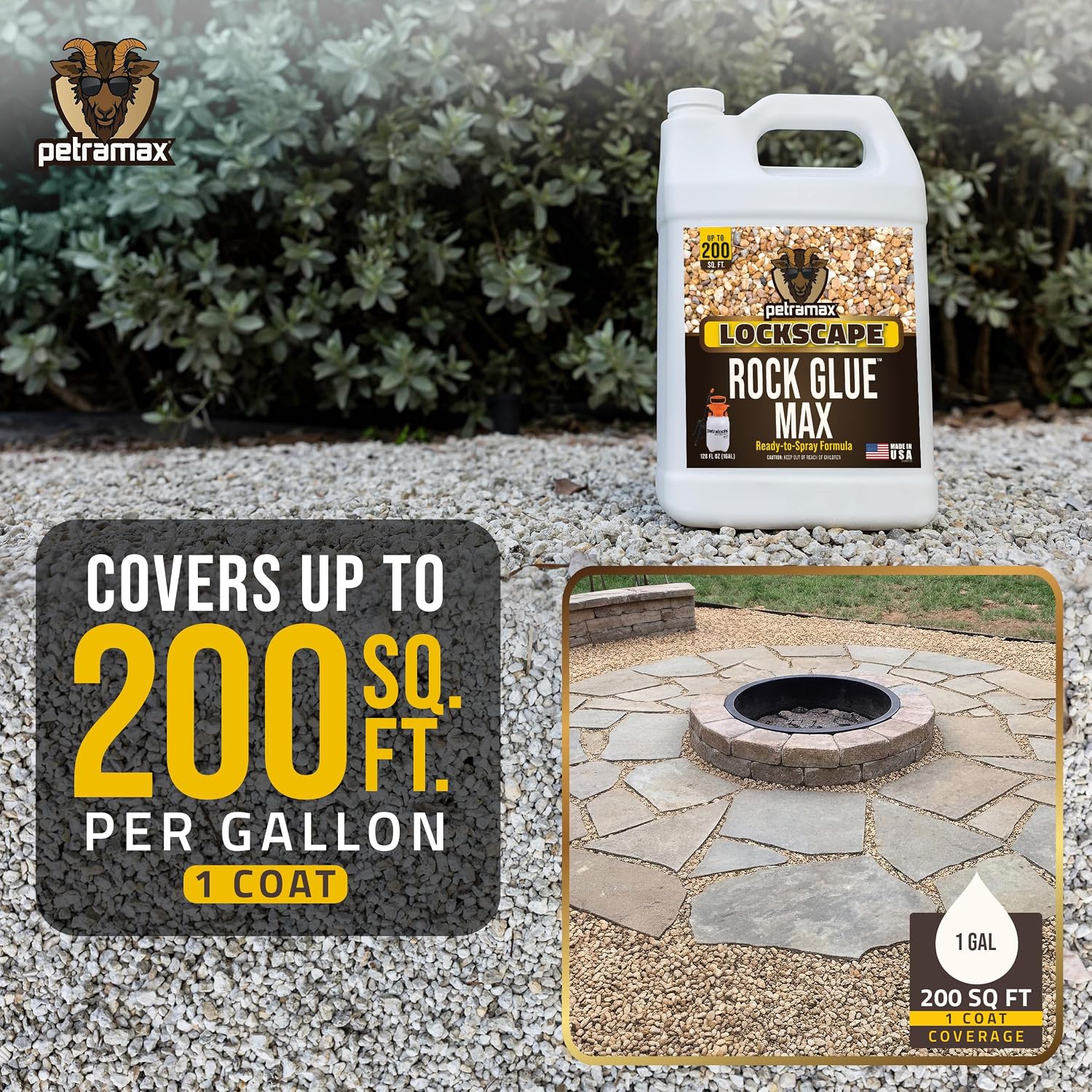 PetraMax Lockscape Ready to Use Rock Glue for Landscaping 1 Gallon USA-Made | Ready to Spray Pea Gravel Glue & Mulch