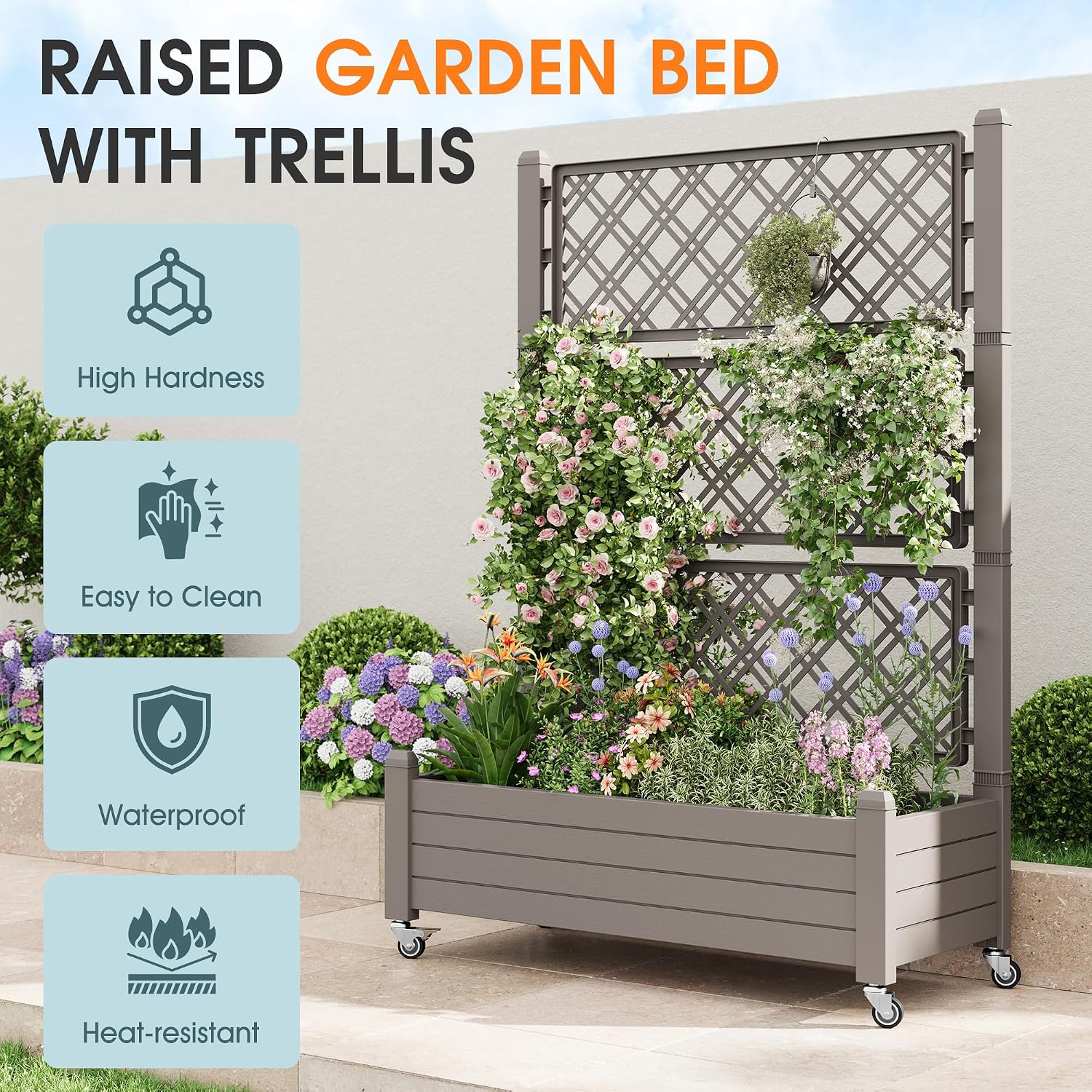Resin Raised Garden Bed with Trellis and Wheels - Plasitc Planter Box with Trellis Outdoor with Drainage Holes & Water