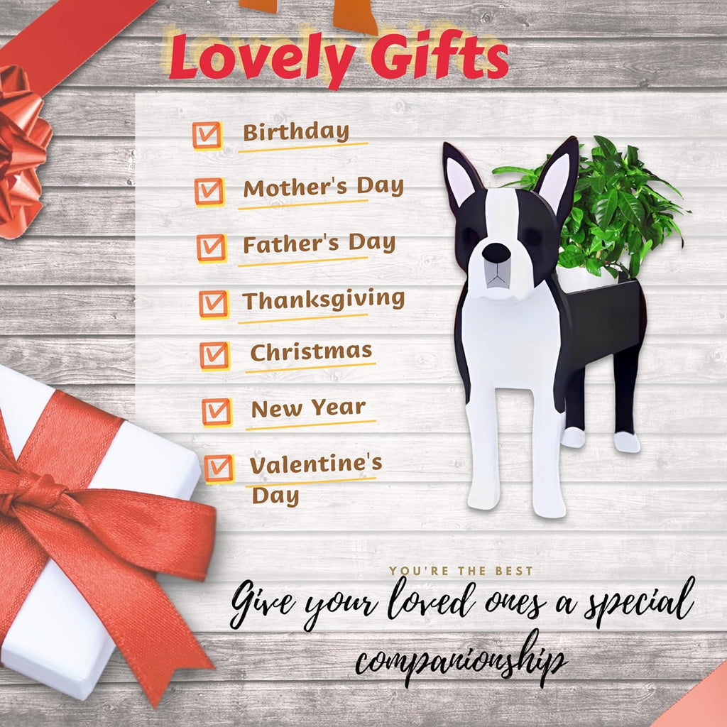 Boston Dog Planter Pots, Animal Shaped Flower Pot | Cute Plant Gift for Women and Pet Lovers, Indoor Outdoor Garden