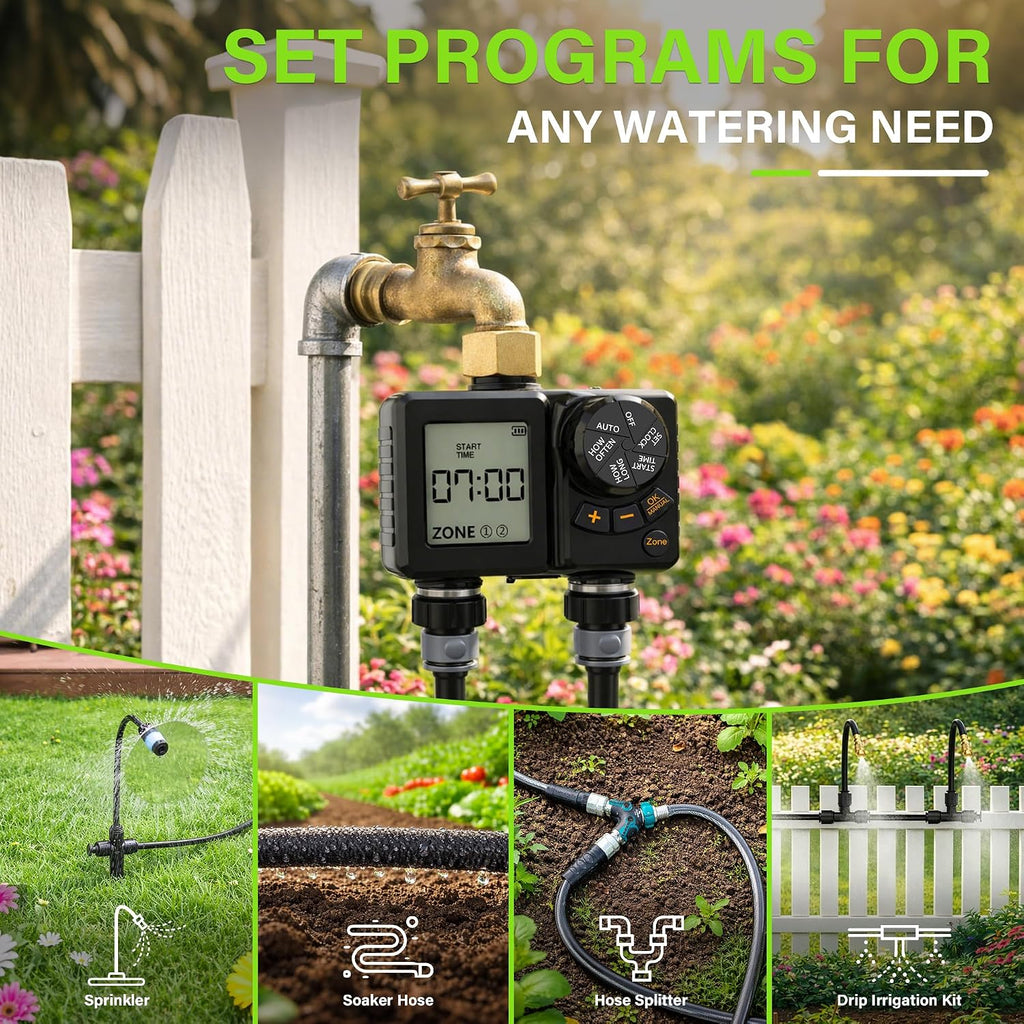 MIXC Rechargeable 2-Zone Water Timer, Full-Body IPX6 Sprinkler Timer - Over One Year Runtime - Save Water & Money, Drip