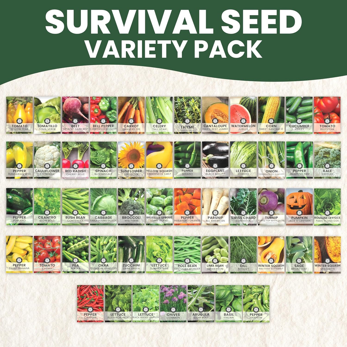 55 Vegetable Seed Packets | Survival Variety Pack | 2026 Season | Individually Packed Vegetables, Herbs and Fruits