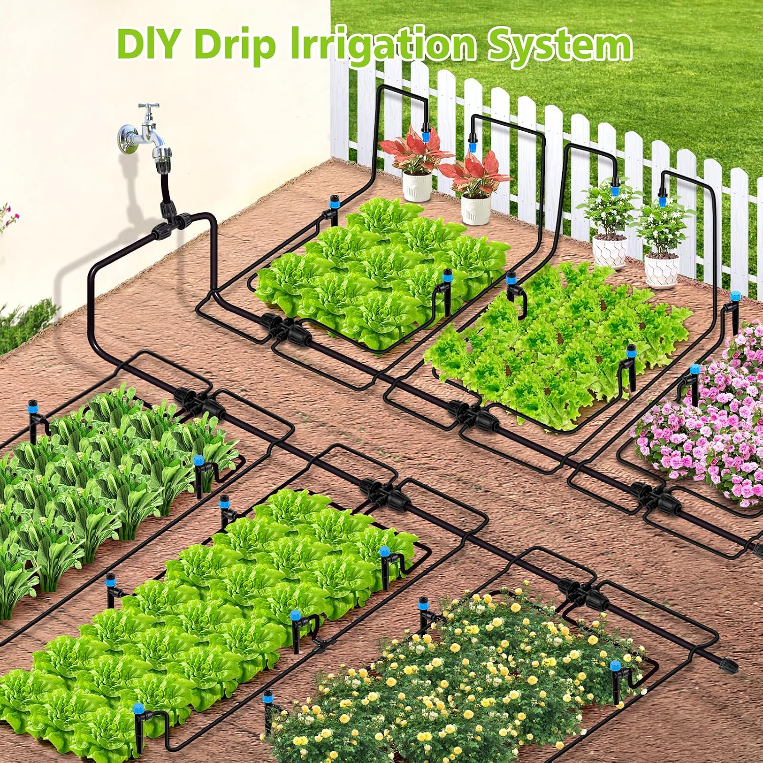 230FT New Quick-Connect Drip Irrigation System Kit, Automatic Garden Watering Misting System for Greenhouse, Yard