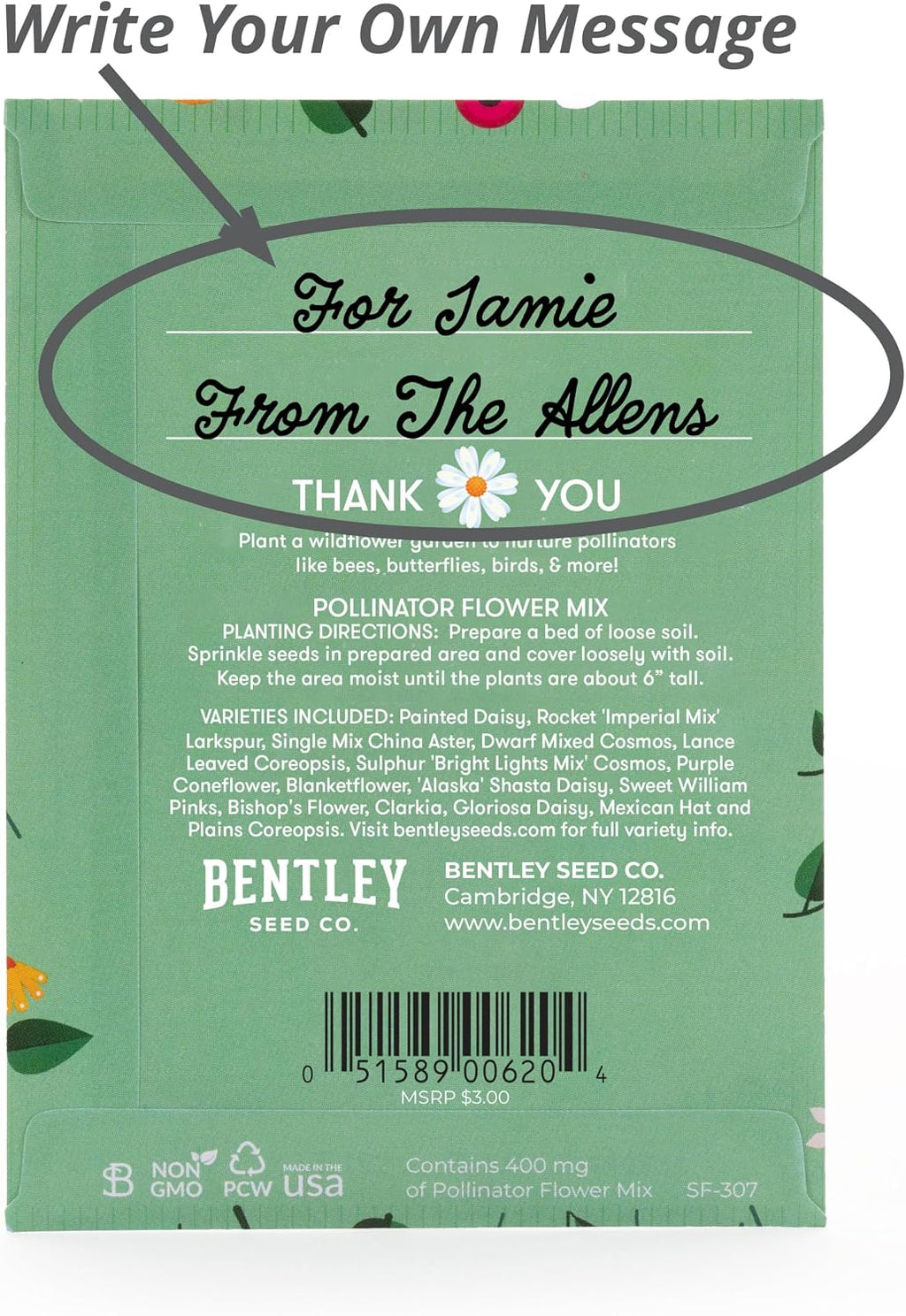 Thank You Packet - Pollinator Flower Mix - 25 Seed Packets - Perfect Eco-Friendly Thank You Gift - Non GMO Seeds, Green