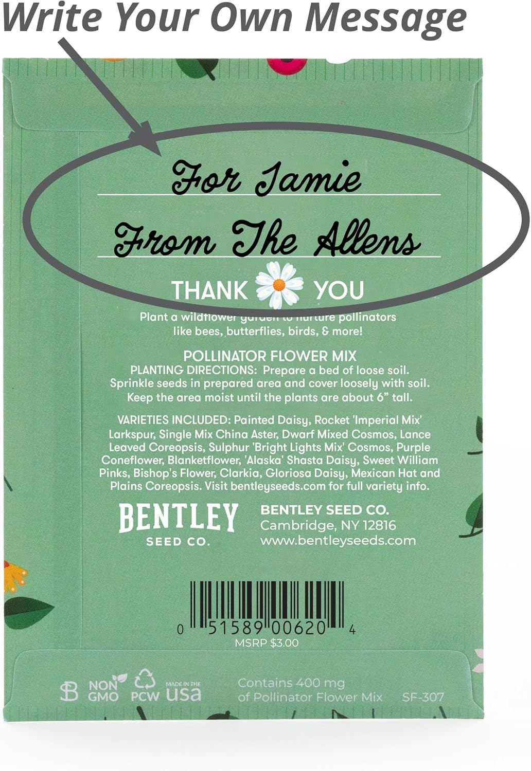 Thank You Packet - Pollinator Flower Mix - 25 Seed Packets - Perfect Eco-Friendly Thank You Gift - Non GMO Seeds, Green