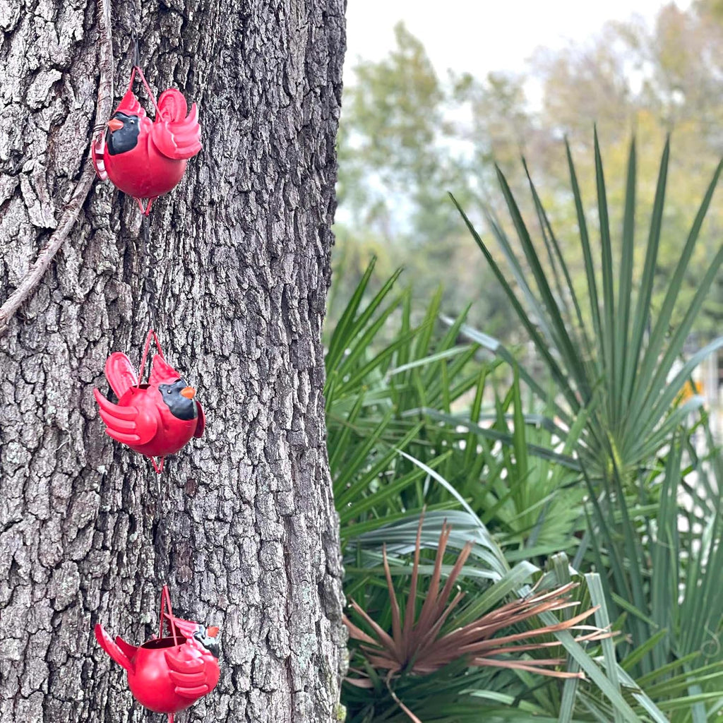 Red Cardinal Rain Chain, 85 Inch Metal with 7 Birds and Bell | Rustic Brown Finish, Three-Dimensional Designs, Each 5.5