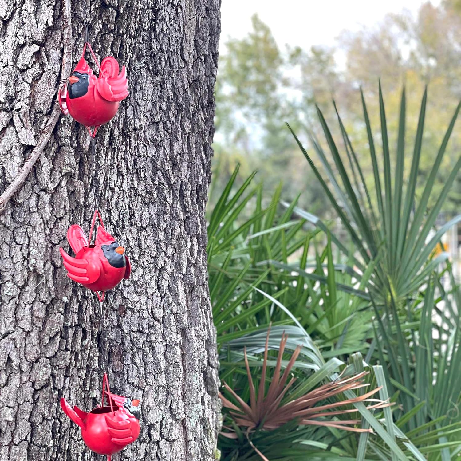 Red Cardinal Rain Chain, 85 Inch Metal with 7 Birds and Bell | Rustic Brown Finish, Three-Dimensional Designs, Each 5.5