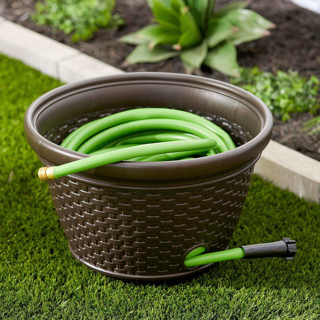 Suncast 2 Pack Decorative Wicker Garden Hose Holder Pot with 4 Drain Holes for 100 Foot Hoses, Java