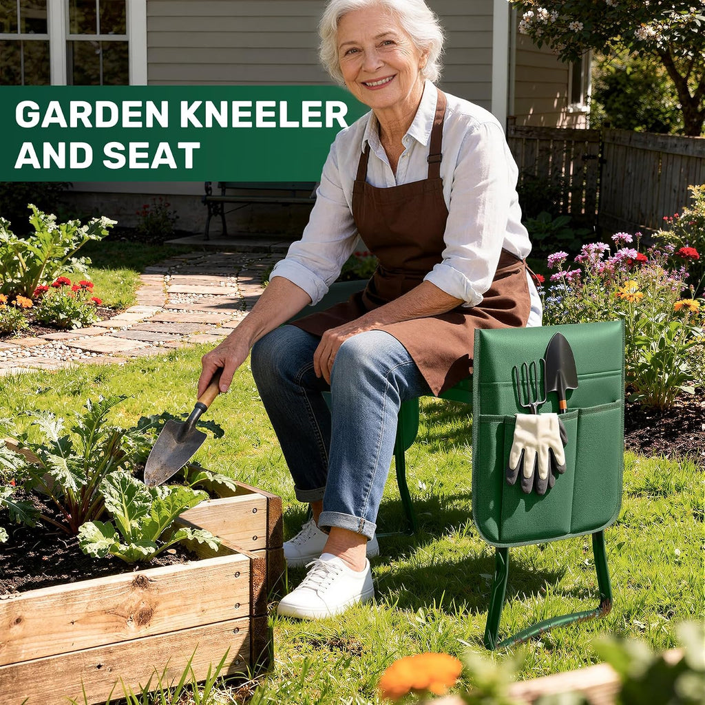Garden Kneeler and Seat with 2 Tool Pouches for Gardening Work | 350lbs Max Load Alloy Steel Frame, 10.23in Wide EVA