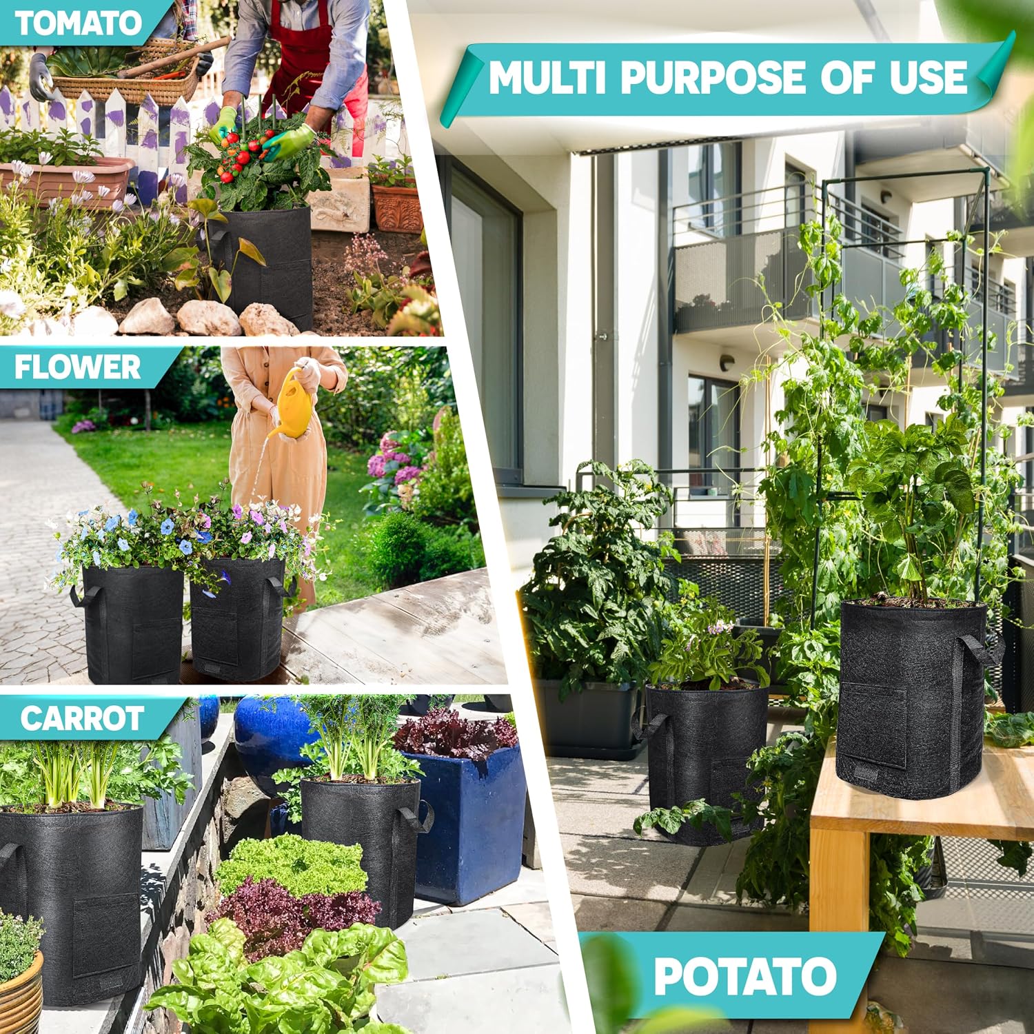 4PCS 20-Gallon Potato Grow Bag-Harvest & Visible Window Garden Planting Bag | Black Plant Grow Bag with Reinforced