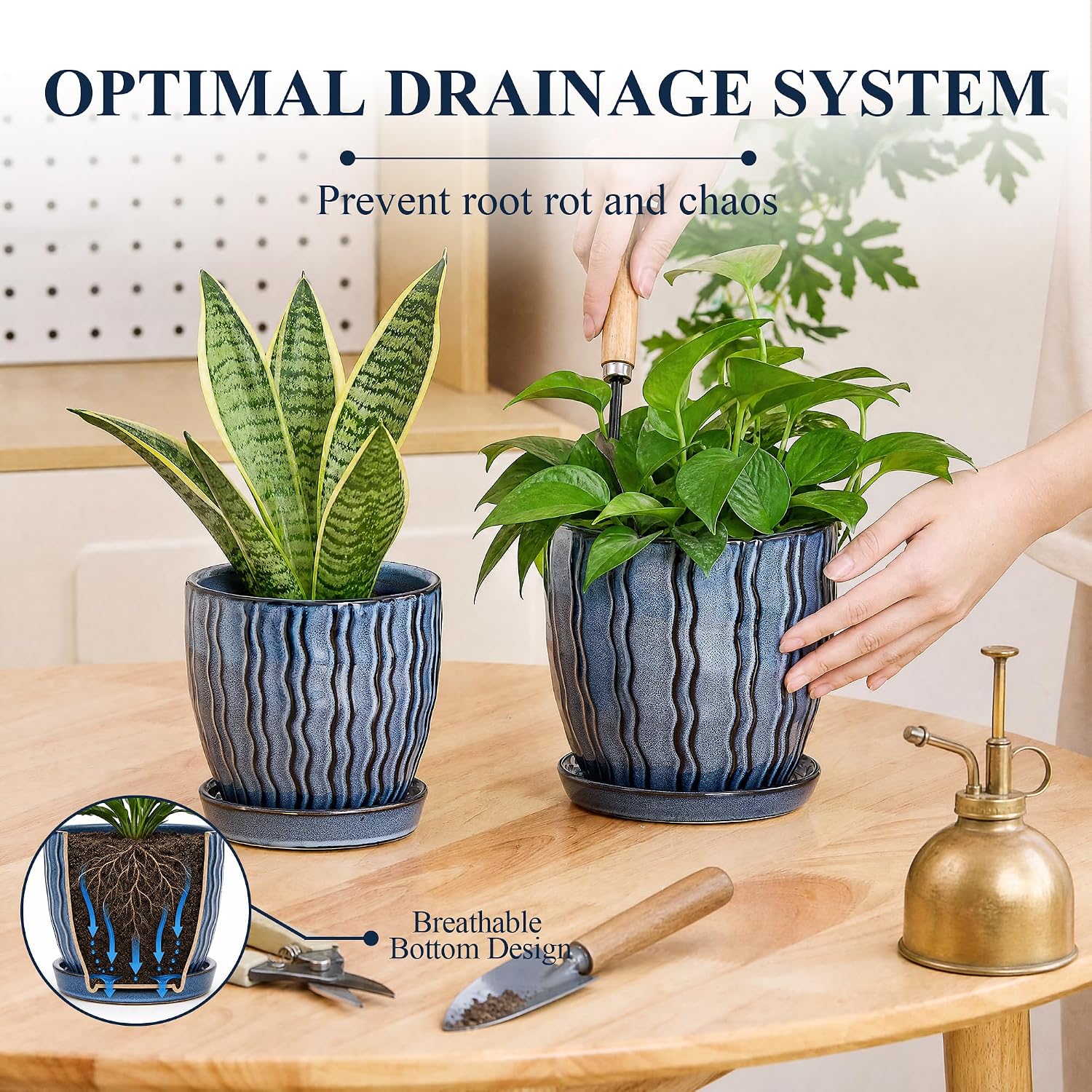 Ceramic Plant Pots, Modern Flower Pots, Small Plant Pots 4.5+5.5inch | Flower Pots Indoor Planters with Drainage and