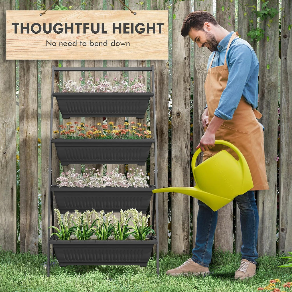 Outsunny Raised Garden Bed 4 Tier Vertical Planter Set with Stand, Black | 4 Outdoor Planter Boxes, Self Draining