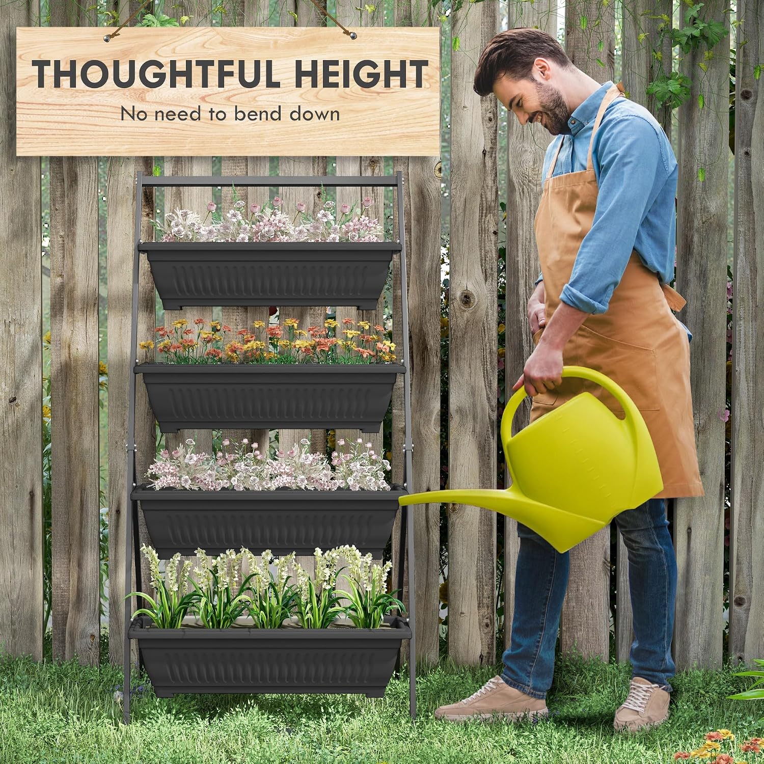 Outsunny Raised Garden Bed 4 Tier Vertical Planter Set with Stand, Black | 4 Outdoor Planter Boxes, Self Draining