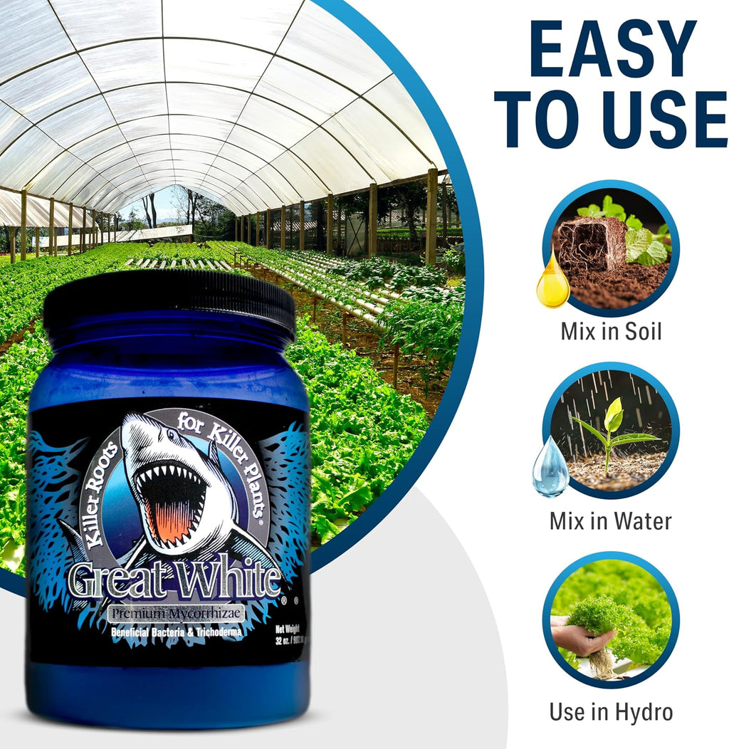 Great White Mycorrhizal Fungi 4 oz, Beneficial Bacteria for Plant Growth, Root Stimulator, Concentrated 3-in-1 Formula