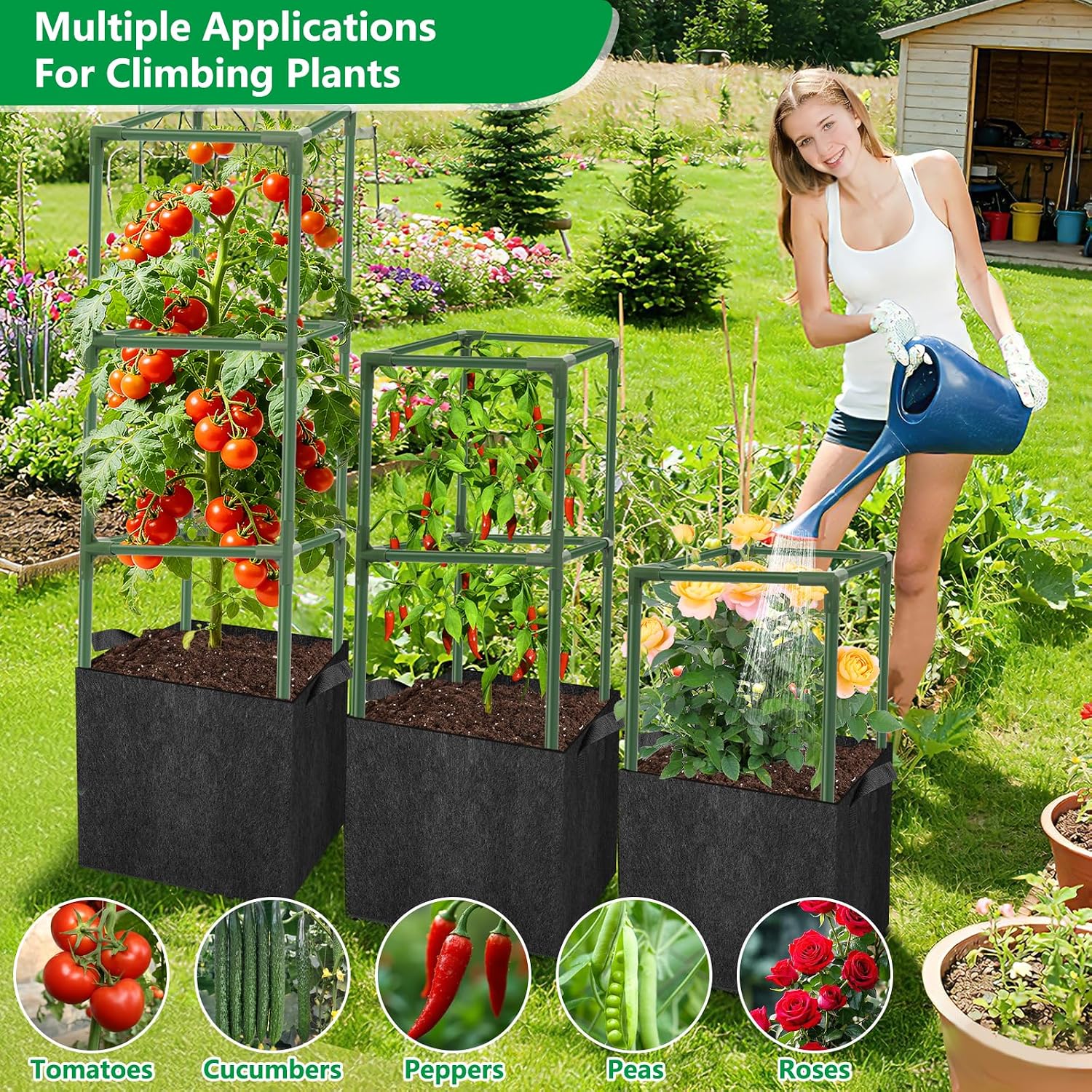 3 Set 49" Square Tomato Cages with 18 Gallon Grow Bags, Steel Trellis | Heavy Duty Tomato Trellis Kit, Garden Plant