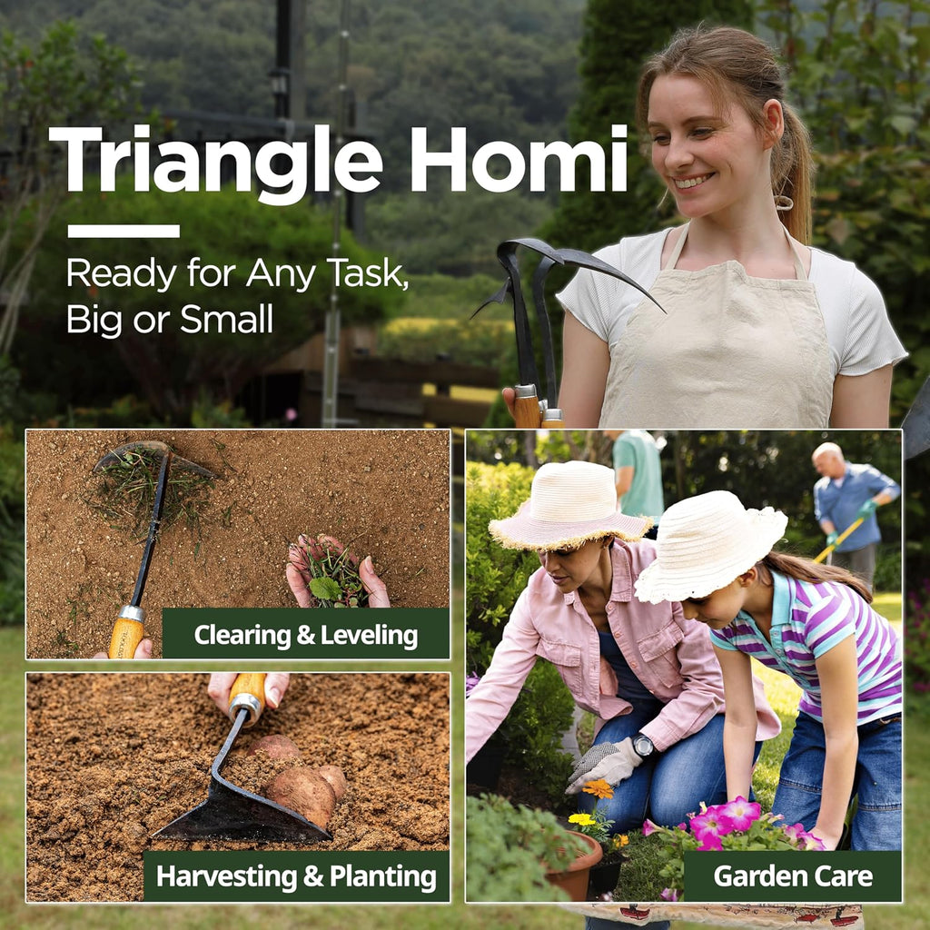 Triangle Homi Hand Hoe - Traditional Handmade Korean Garden Tool for Weeding Digging & Planting with Forged Steel &