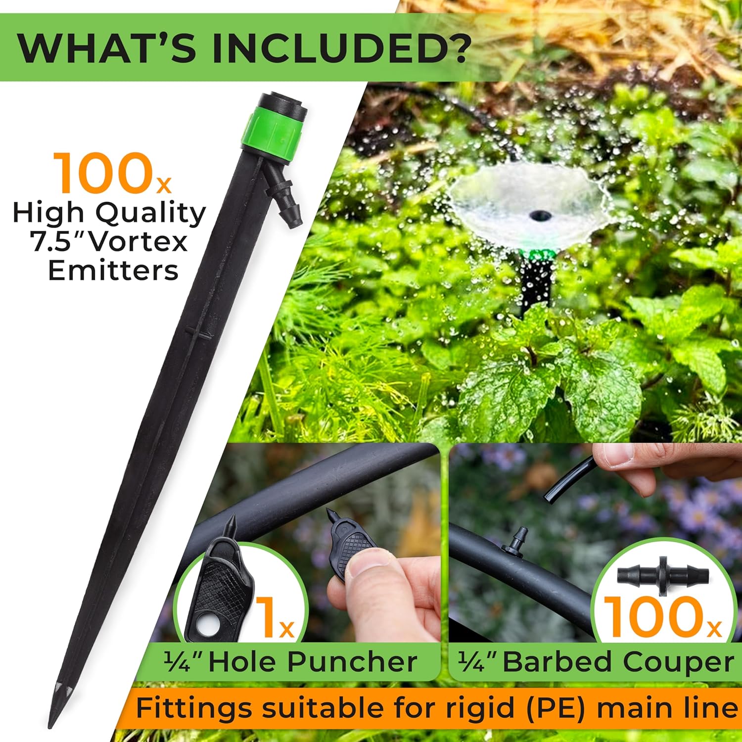 1/4" Drip Irrigation Emitters Vortex Sprinkler Parts, 100 pcs | For Drip Irrigation System Kit, 360 deg Adjustable Fan