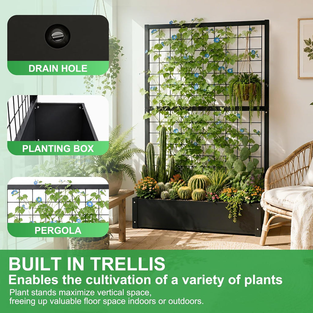 Garden Bed with Trellis Outdoor, Metal, 59in Tall | Metal Frame, 59in Tall Trellis for Climbing Plants, 12in Deep