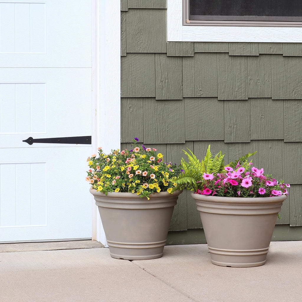 Sunnydaze Franklin 20'' Large Plastic Planter Pot for Plants, Beige, 2pk | 10.6-Gallon Capacity, Large Plastic Planter